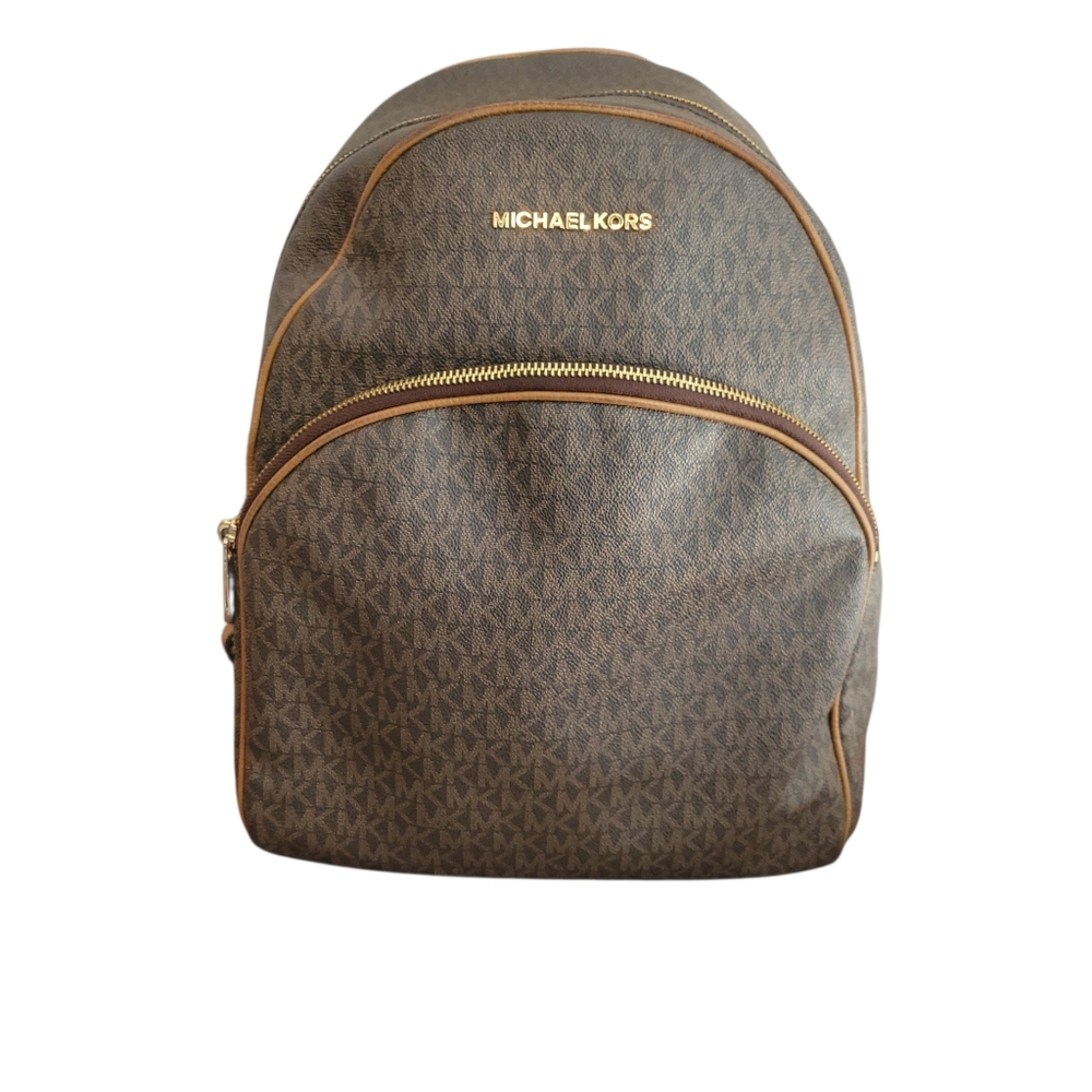 ​Michael Kors Abbey Medium Backpack Brown Signature MK Logo Print Gold Hardware - Picture 3 of 13